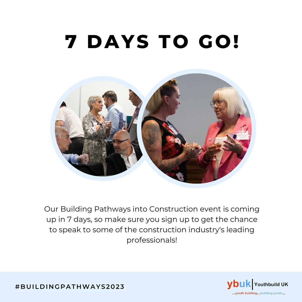 youthbuild_uk's tweet photo. There are 7 days to go before our Building Pathways into Construction Best Practice Event ๐๏ธ
While tickets are limited, some are still left, so sign up now to avoid disappointment.
Sign up here: https://t.co/aa8NJ6qaZt
#buildingpathways2023 #buildingbrighterfutures https://t.co/HRXrmHbDPg