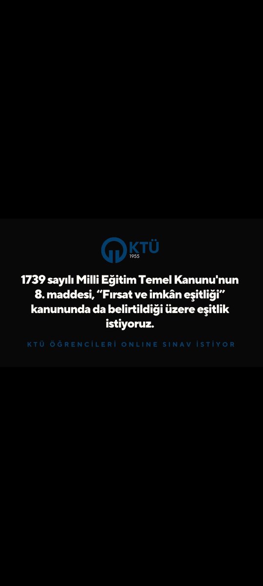 KTÜ Diş ,Tıp, Eczacılık ve Hemşirelik Fakülte öğrencileri olarak eğitimde fırsat ve imkan eşitliği ve online derslerin finallerinin online olmasını istiyoruz. 
Sayın @erolozvar talebimizi göz önünde bulundurmanızı arz ederiz.
#onlineeğitimeonlinesınav @profcuvalci @ykskgrtmhukuku