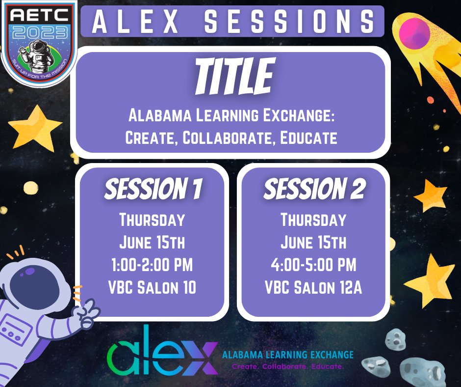 TeachwithALEX's tweet image. We are looking forward to seeing you at #AETC2023 next week! Learn how to utilize resources from ALEX to save time when planning high-quality, standards-based classroom activities! Learn more at alabamaetc.com! 🚀
#TeachWithALEX #ALSDEEdTech #alabamaachieves