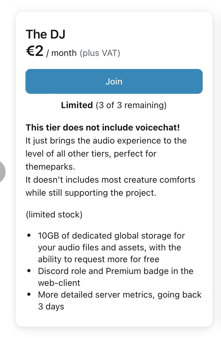 OpenAudioMc's tweet photo. We just launched a new patreon tier at just 2 euro/dollars! 🤯

Including most creature comforts for themepark servers, without requiring you to get voicechat.

Stock is limited while we're testing community response ✨ https://t.co/fGZCVZl3B1