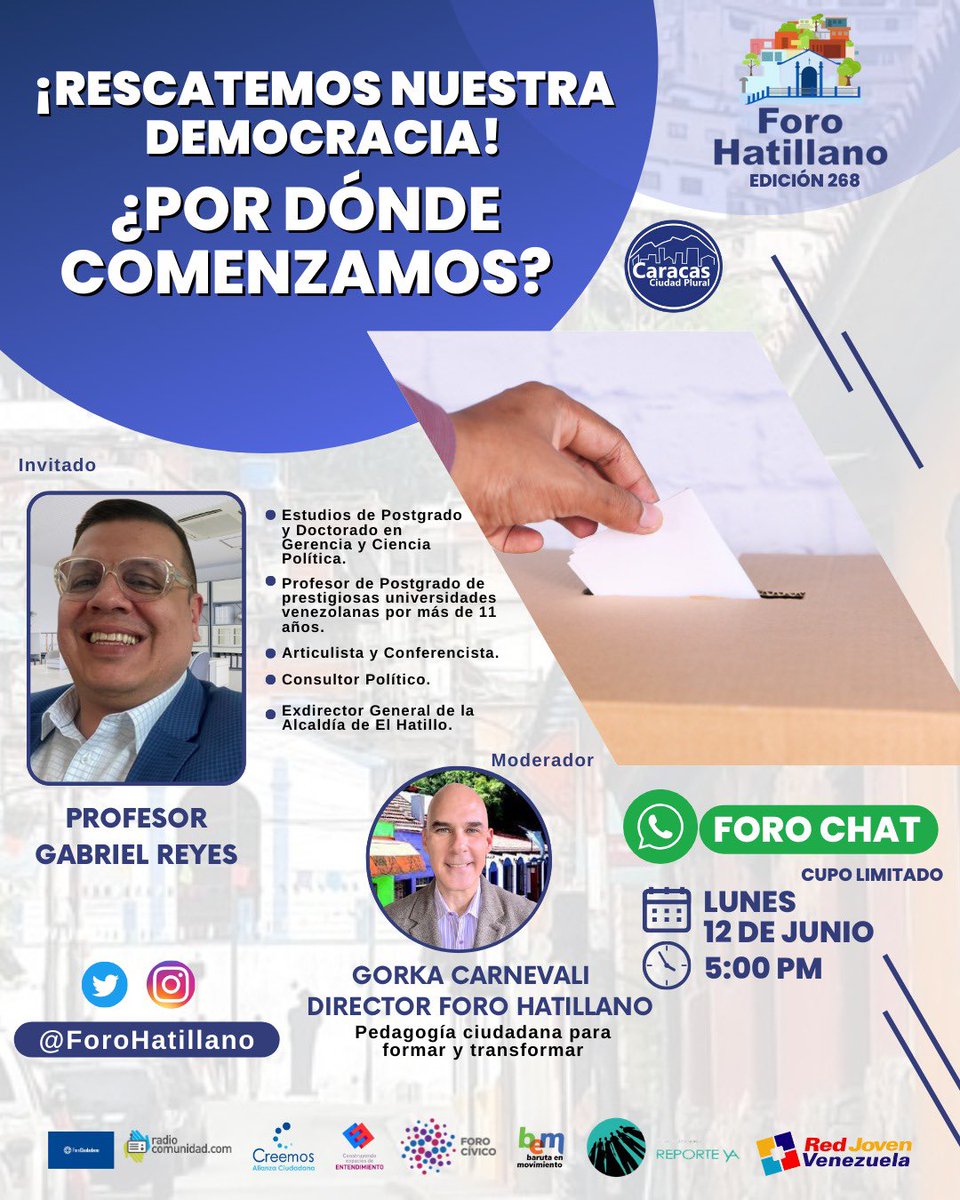 greyesg's tweet photo. Cordialmente invitados, Edición No. 268 vía WhatsApp
#ForoChat

Tema:
Rescatemos nuestra democracia! Por dónde comenzamos? con @greyesg

Moderador @gorkacarnevali

Lunes #12Junio
5:00pm

@CaracasPlural
@forociudadano7
@ForoCivicoVzla 

CUPO LIMITADO en:
https://t.co/uyL6tdSHXT… https://t.co/opy2rNoiIs
