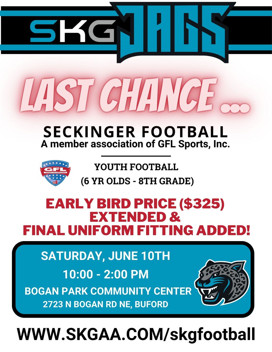 skg_aa's tweet photo. LAST CHANCE! Early bird price extended &amp; final football uniform fitting added THIS SATURDAY from 10-2 at Bogan Park!  We are looking a few more kids in each age category! Please share on your feed and in any groups that you are a part of. Thanks and Go Jags! #SKGAAFootball #SKGAA https://t.co/a2LyyNaamm
