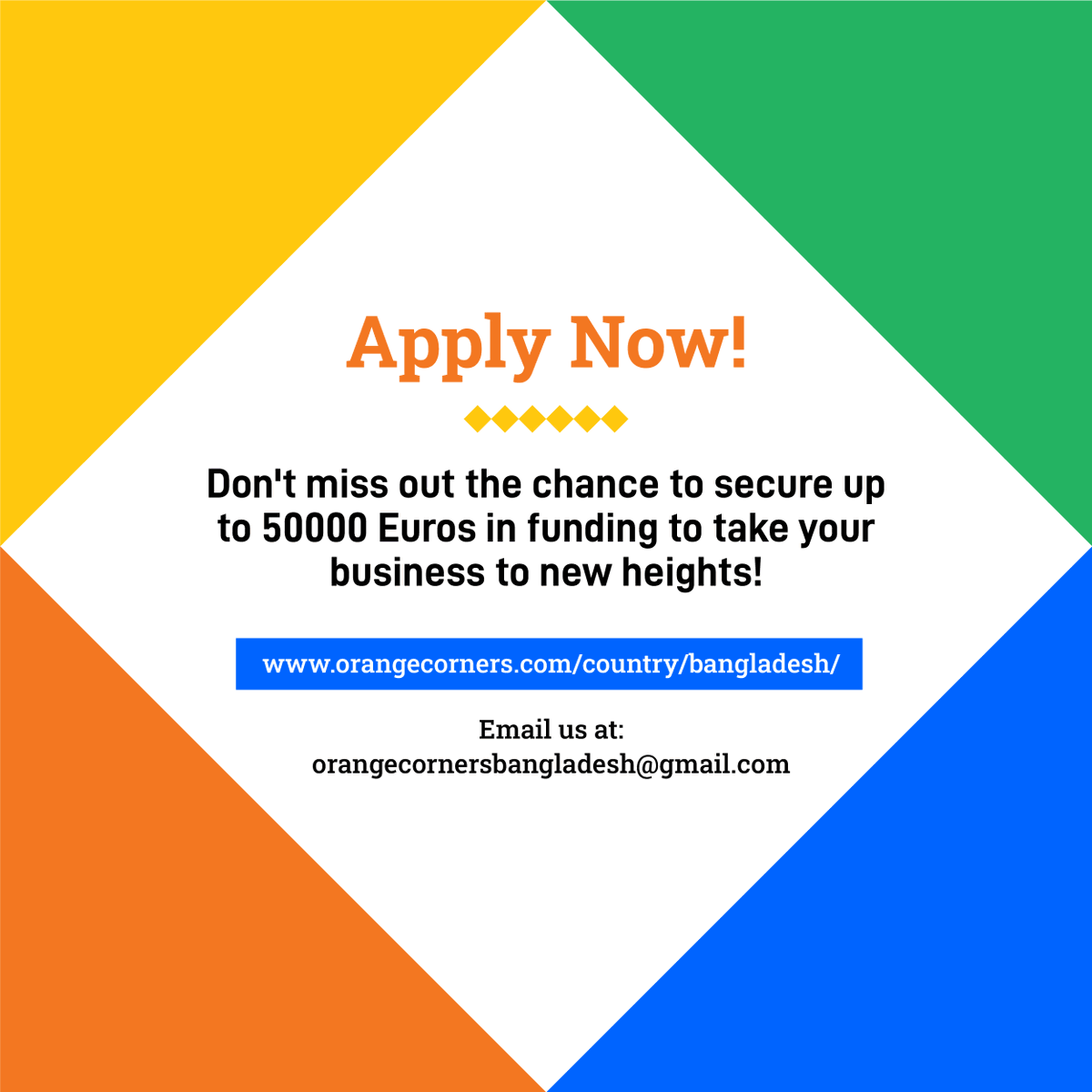 OrangeCornersBD's tweet photo. 📢24 hours left!⏳​​

This is the last chance to apply to the first cohort of the Orange Corners Bangladesh Incubation Programme!   ​​

Don't miss out on this life-changing opportunity to access training, networks, and funding, so apply now! https://t.co/kGxjOqnD8T https://t.co/ppzb22WTbT