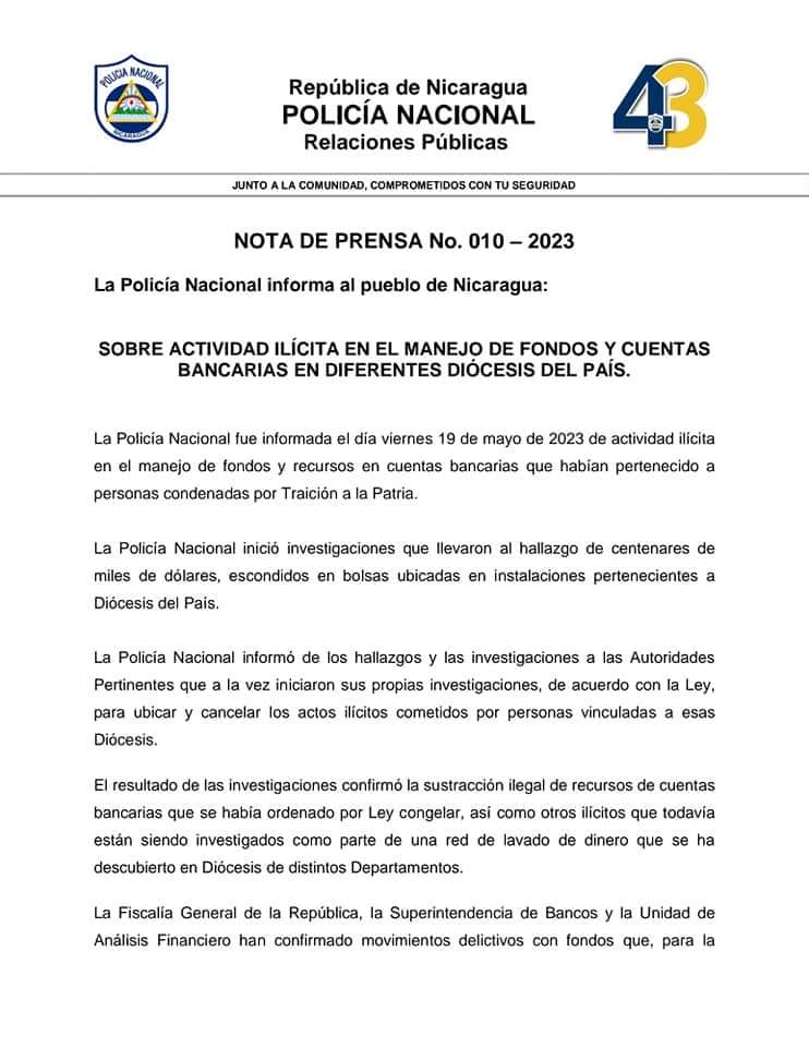 MaiskaLamber's tweet photo. #URGENTE  Nota de Prensa de la Policía Nacional 👮🏻‍♀️👮🏻‍♂️ sobre actividad ilícita en el manejo de fondos y cuentas bancarias en diferentes Diócesis del país.

#Nicaragua 🇳🇮 https://t.co/szyBvjmIQl