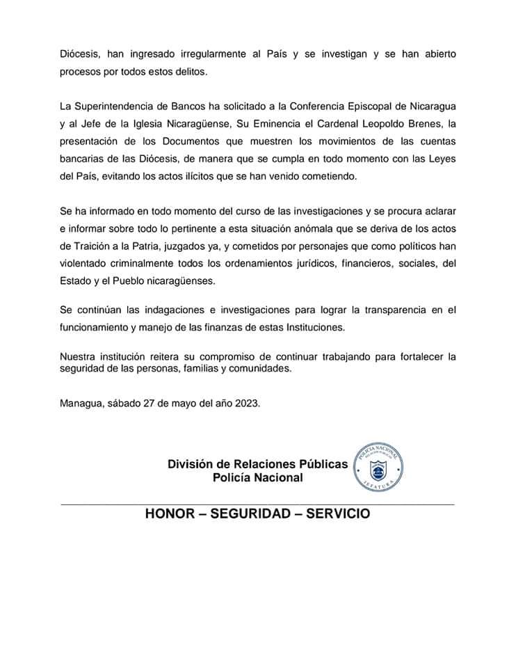 MaiskaLamber's tweet photo. #URGENTE  Nota de Prensa de la Policía Nacional 👮🏻‍♀️👮🏻‍♂️ sobre actividad ilícita en el manejo de fondos y cuentas bancarias en diferentes Diócesis del país.

#Nicaragua 🇳🇮 https://t.co/szyBvjmIQl