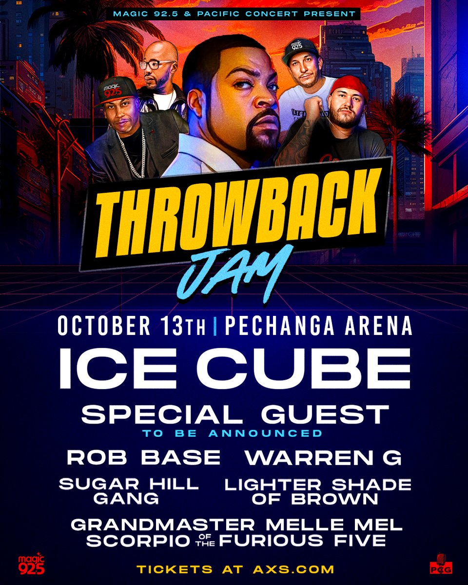 magic925's tweet image. Pre-sale for #ThrowbackJam starts NOW!  🙌

See you on October 13th with @icecube, #RobBase, #WarrenG, Sugarhill Gang, #LighterShadeofBrown, #GrandmasterMelleMel &amp;amp; #Scorpio of the #FuriousFive, and a SPECIAL GUEST TBD 🔥

Use code: MAGIC

CLICK HERE: bit.ly/3WSjOrl