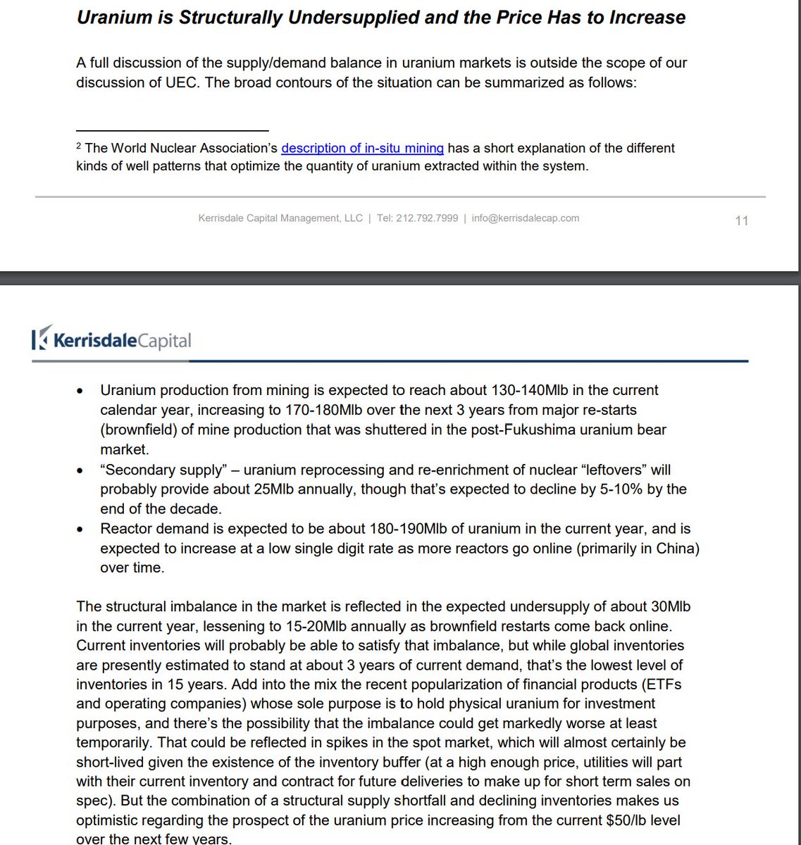 U308RM's tweet photo. 1/ The Kerrisdale report on $UEC was highly flawed. The #uranium price was around $50 when the report came out.  Its now $57.  They said a full S/D  discussion was beyond the scope - Literally the most import thing!  As this flaw becomes more evident prepare for a short squeeze! https://t.co/zNKPQpWZ6i