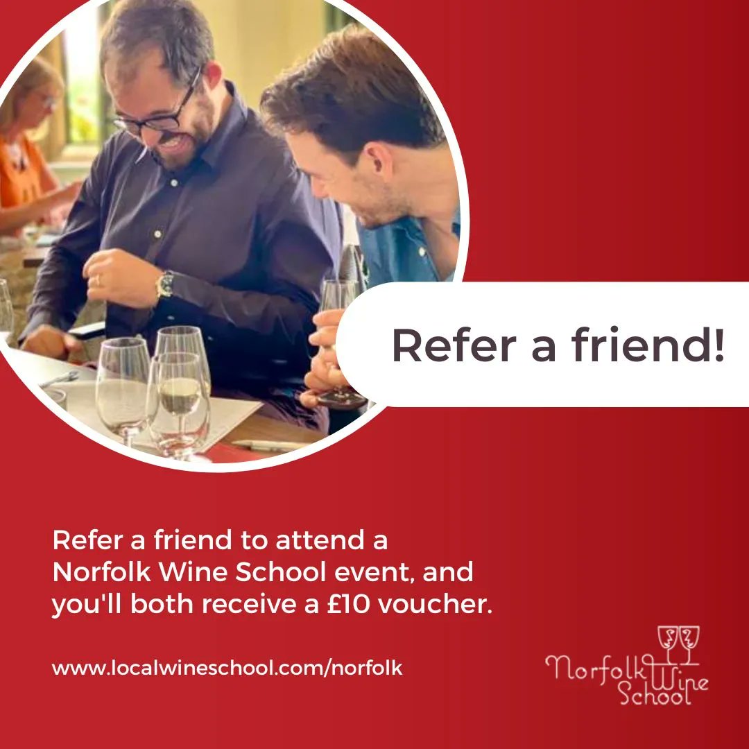 norfolk_wine's tweet photo. If you introduce a friend to us (they must be a new customer) we will send them a £10 voucher that they can use when they book an event. Once they have booked we will also send you a £10 voucher you can use when you book your next event. Refer here: https://t.co/bxmbukieZa https://t.co/heybQGDM65