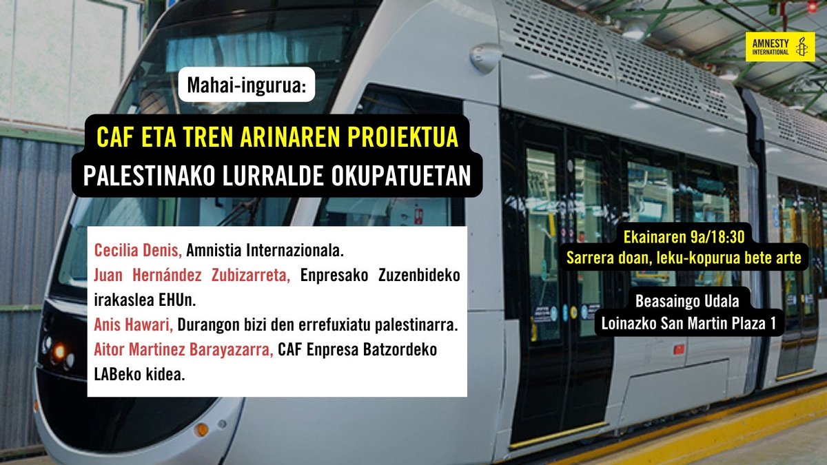 Mañana, en el salón de plenos del Ayuntamiento de Beasain, seguiremos defendiendo los Derechos Humanos de las personas que viven en los Territorios Palestinos Ocupados.
Streaming en Tantaka TV: youtube.com/watch?v=DEZFQW…

#CAFBajatedelTren
#CAFJaitsiTrenetik
#STOPApartheidIsrael