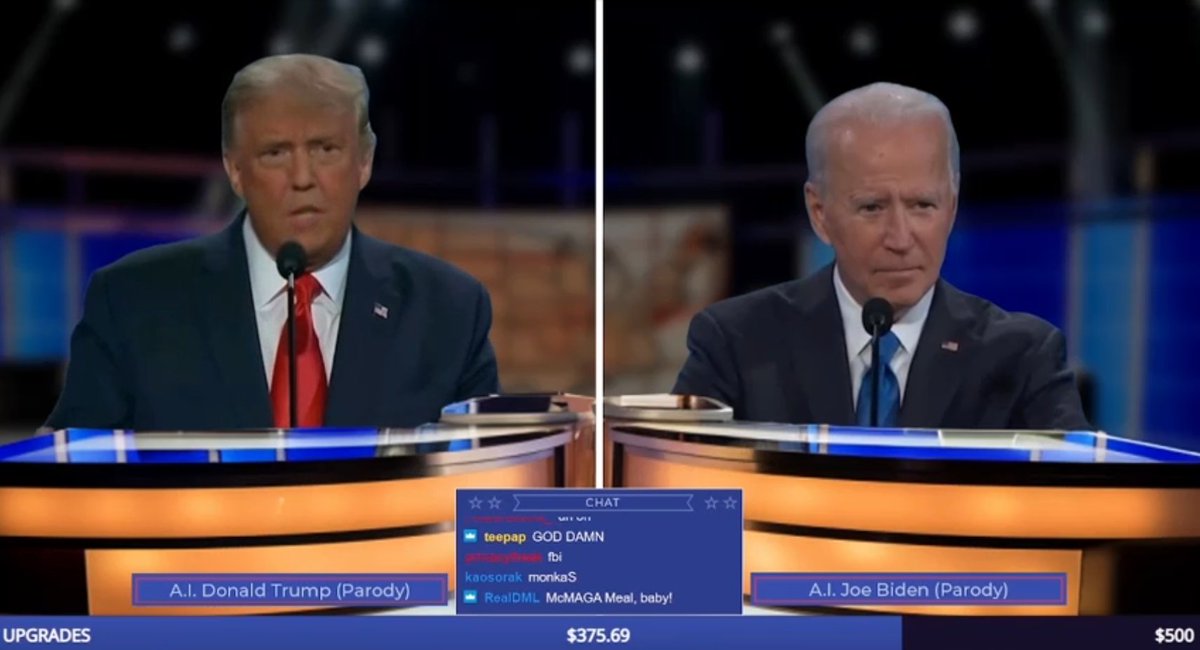 'It's Dark Brandon time.'

AI NSFW 18+ Trump vs Biden Debate 📉 Interactive 📈 ask any question in chat (parody) 😂

twitch.tv/trumporbiden20…

#GenerativeAI #AI