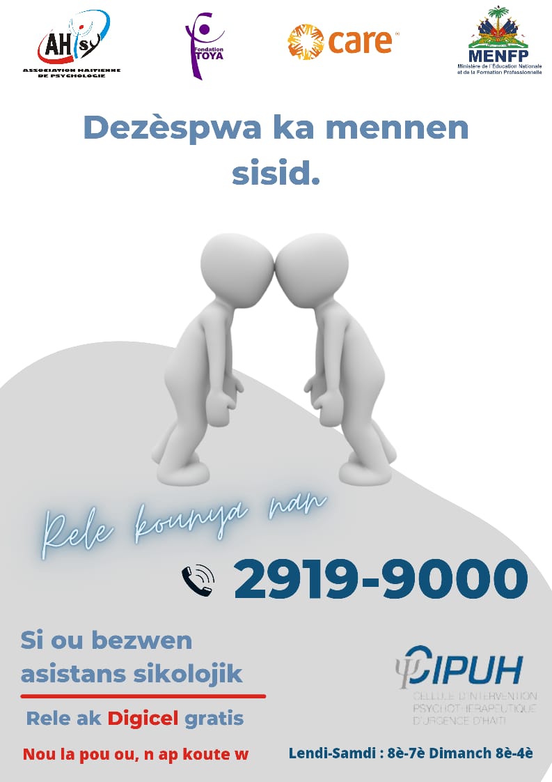 Gen konba ou pa ka mennen pou kont ou, depresyon se yonn ladan yo. Nou la pou n ede w mennen konba sa. Rele nan 2919-9000