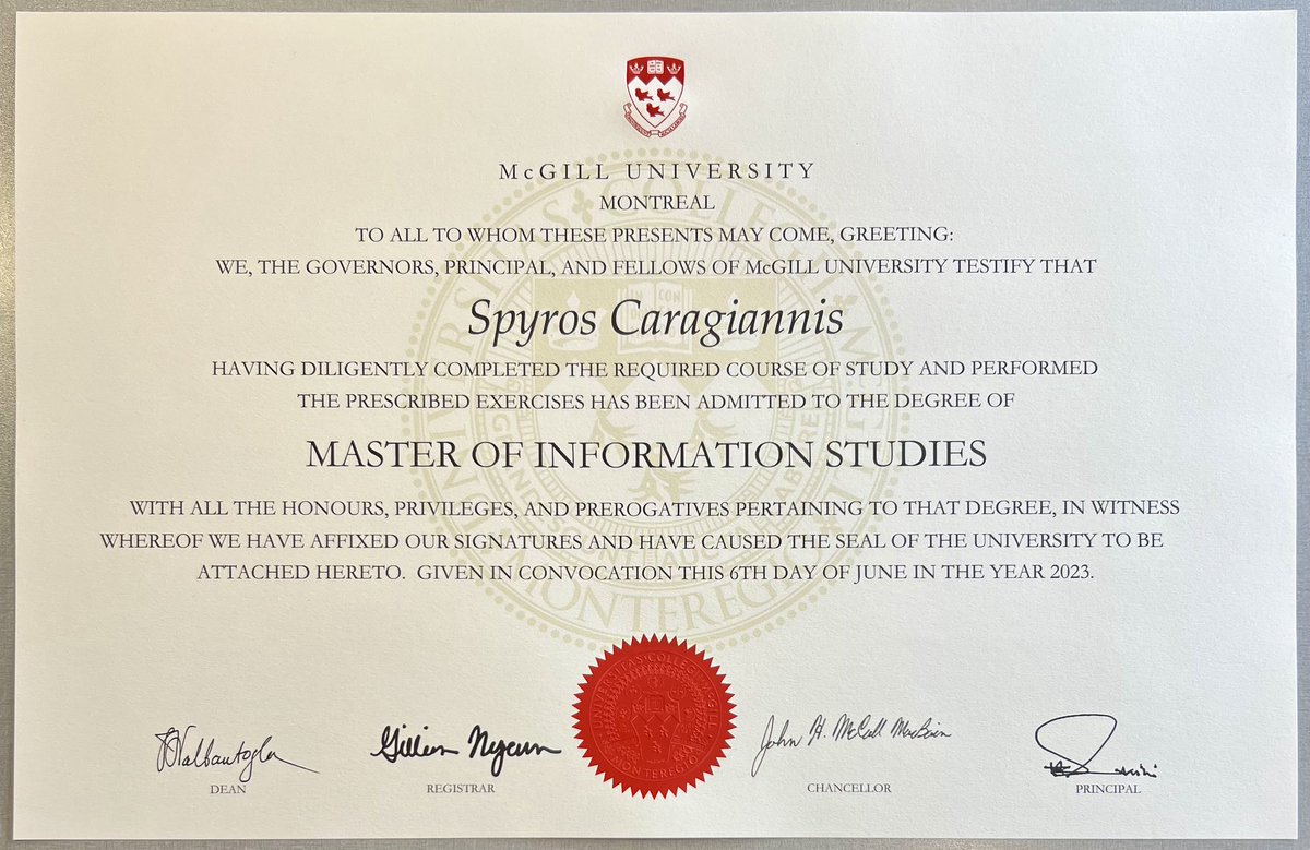 I picked up my Master’s diploma earlier today. I am proud to be a graduate of ⁦@mcgillsis⁩ and grateful to ⁦@mcgillu⁩ for the opportunities it has given me. #McGill #McGillUniversity #McGillSIS #MastersDegree #GraduateSchool #LibrarySchool #InformationStudies