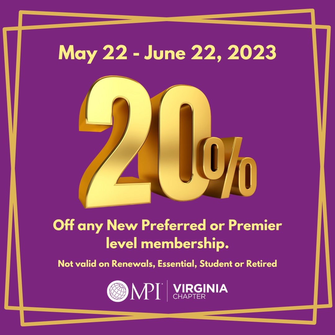 Attention all #meetingsandevents and #hospitality professionals in Virginia! There are only 2 more weeks left to take advantage of 20% off of NEW memberships!
Join today and use code MPIVA23.
mpi.org/membership/join

#MPIVirginia #MPIVA #MPI #meetingplanners #eventplanners