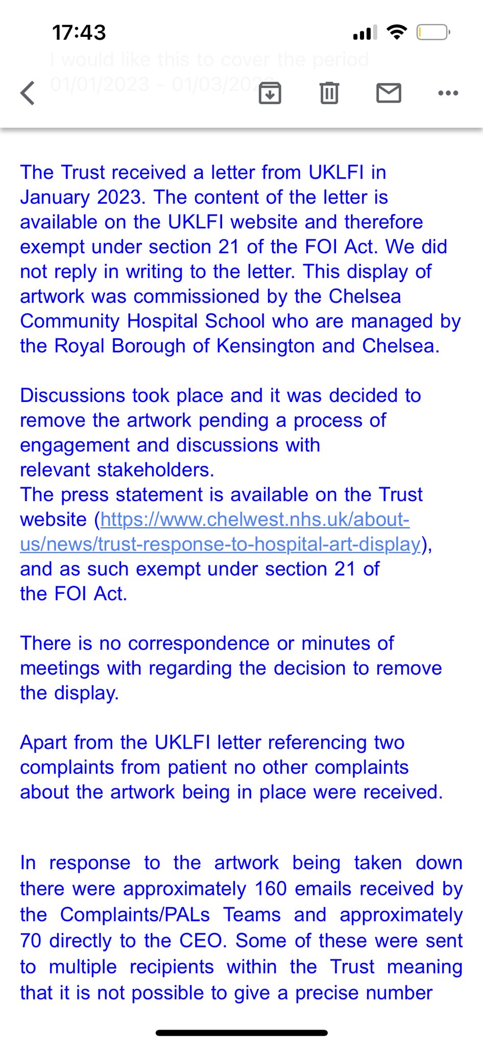 Liam O'Hare on "Full response to my FOI from the trust below. They say the artwork was taken down pending a process of engagement with relevant stakeholders. There is no detail