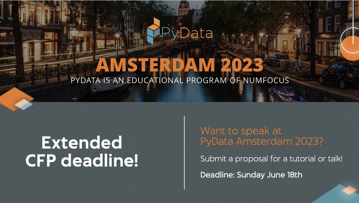 Important news: due to popular demand we extended the CFP deadline to 18 June! Submit your proposal here: amsterdam2023.pydata.org/cfp/cfp 👏🌟#pydata #amsterdam #conference2023 #callforproposals
