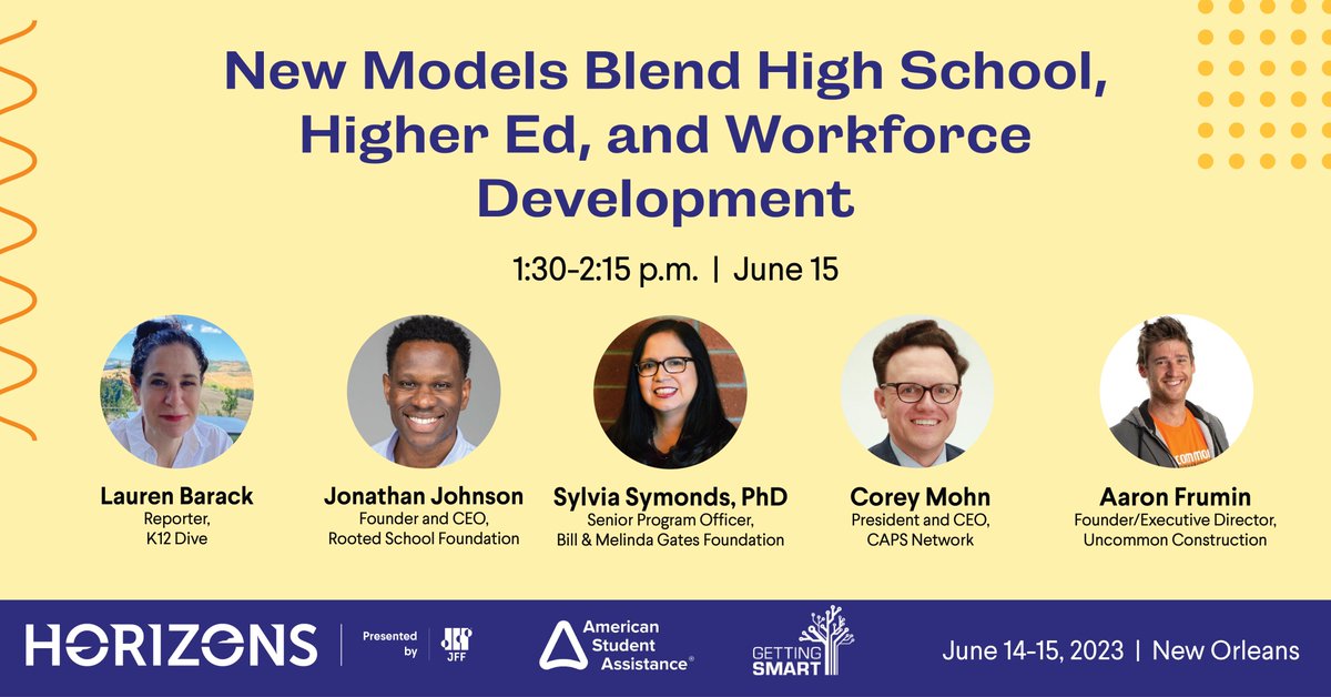 #CTE, early college, #PTECH and other #highschool/college models are gaining traction.    

This #JFFHorizons panel, moderated by <a href="/Llauren/">Lauren Barack</a> of <a href="/K12DiveNews/">K-12 Dive</a>, will focus on blended pathways that are shifting the paradigm for learners &amp; employers! bit.ly/45l47wB