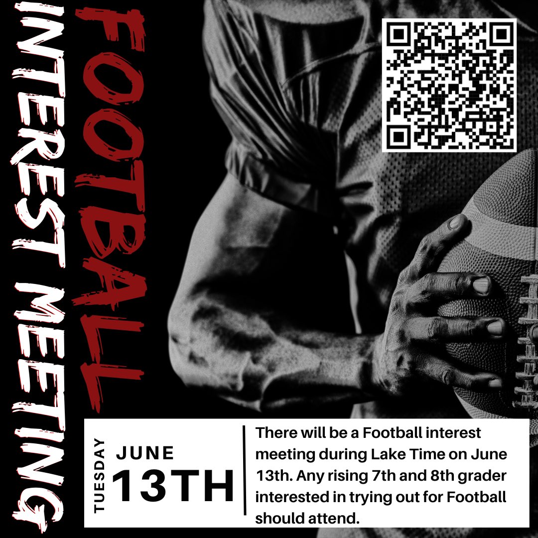 There will be a football interest meeting on Tuesday June 13th during Lake time. Any rising 7th &amp; 8th graders interested in trying out need to attend. Make sure you fill out the google form 
forms.gle/2S1txBBXcs8w6H…