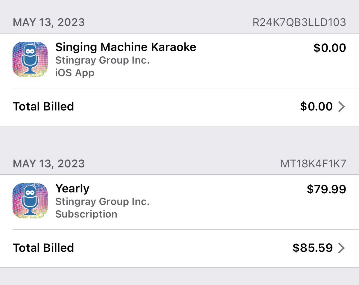 karimann's tweet photo. Just a warning, @Apple and @StingrayKaraoke charged me for the full price of an annual subscription when I only signed up for free trial!  They refuse to refund me! https://t.co/w82IpHBn2F