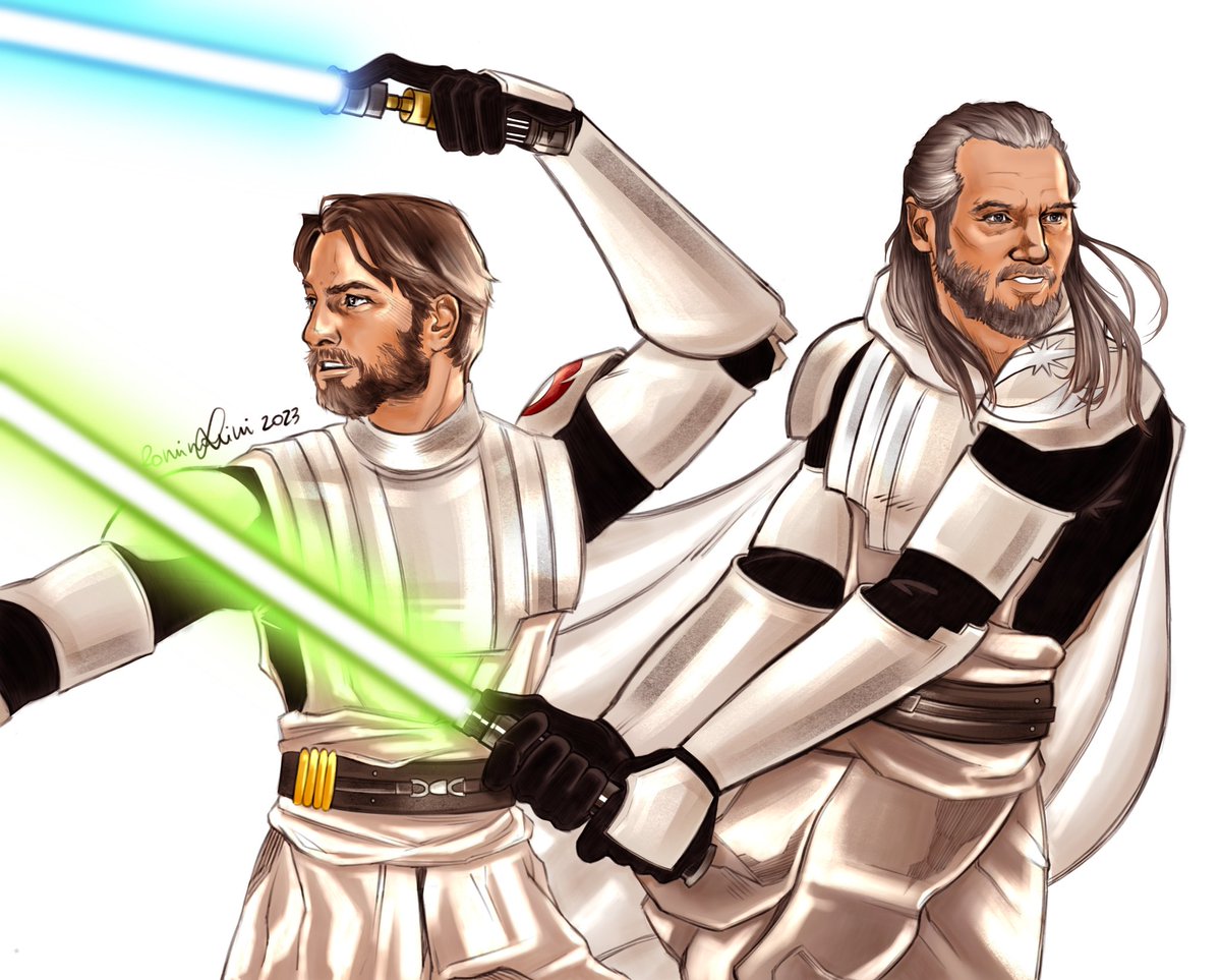 General Obi-Wan Kenobi and Qui-Gon Jinn AU Instagram.com/giotanner95
They're very similar in their Jedi clothes, only changing their inner tunics. So– Here they are, with the red and white Republic symbol and the whole universe in front of them
#obiwankenobi #quigonjinn #starwars