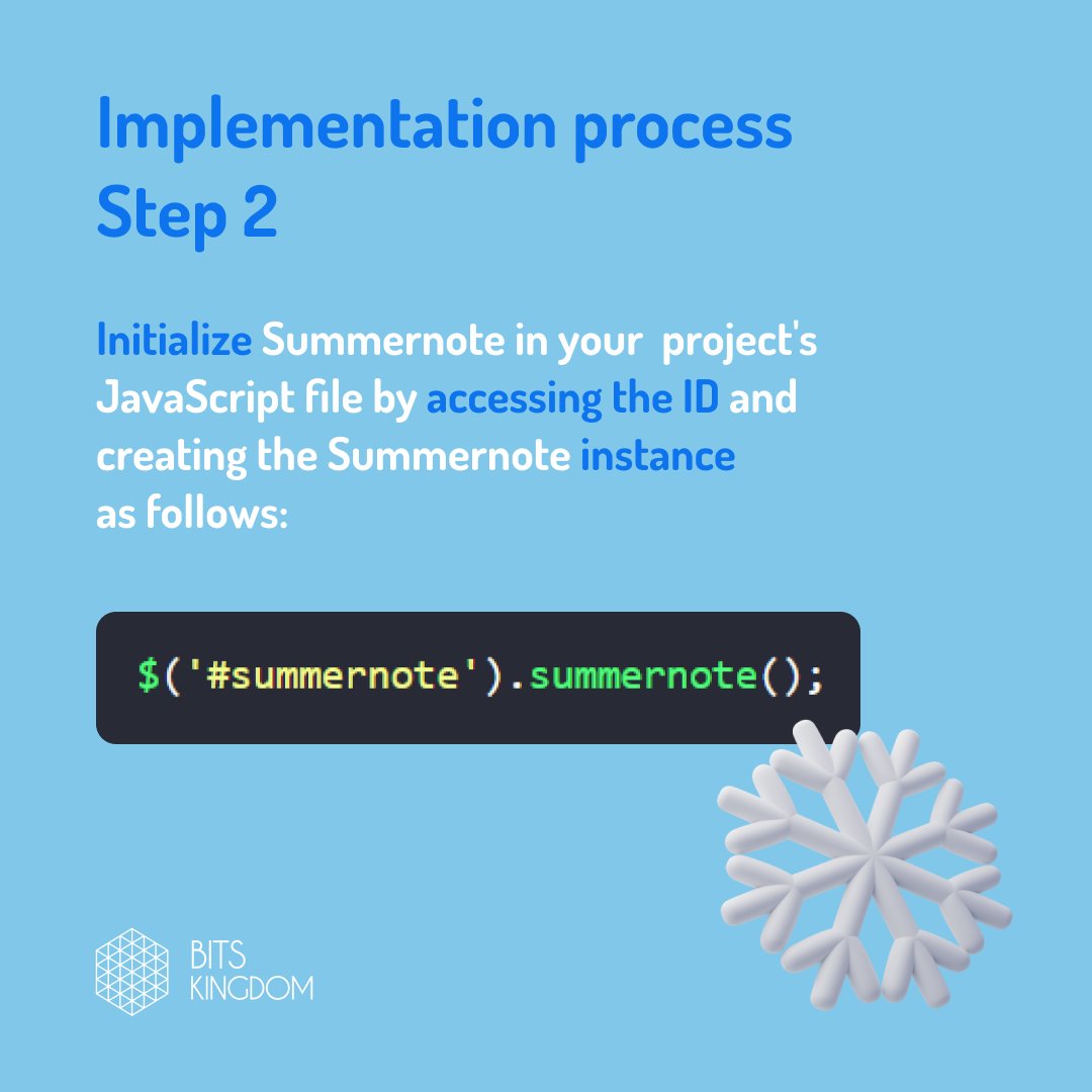 BitsKingdom's tweet photo. Looking for a way to simplify #textcustomization? Say hello to #Summernote! 👋

Integrate this easy-to-install online editor into your workflow and get ready to elevate your projects 🔝

#WYSIWYG #WYSIWYGEditors #bitstips #codingtips #100daysofcode #CodeNewbie #devslife