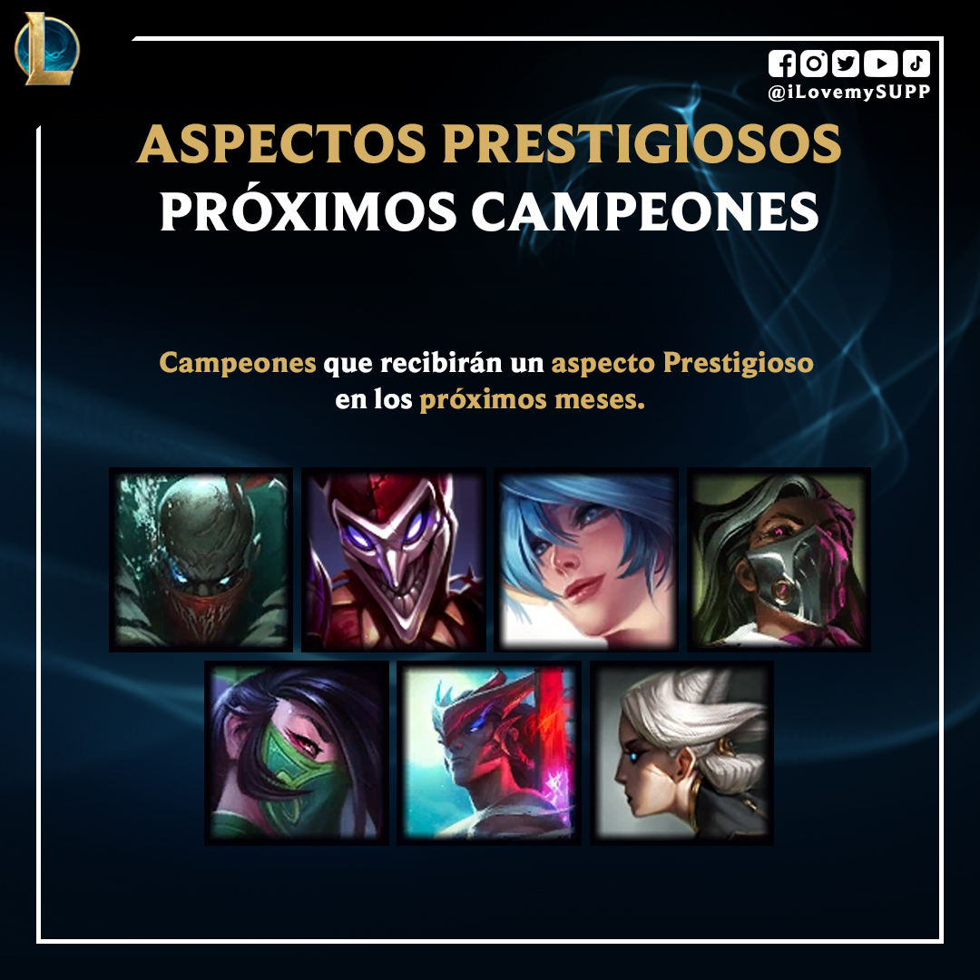 ilovemysupp's tweet photo. Los próximos campeones en recibir un aspecto Prestigioso en los próximos meses:
• Pyke
• Shaco
• Sona
• Renata Glasc
• Akali
• Yone
• Camille

#LeagueOfLegends https://t.co/8Nk9ddWXrh