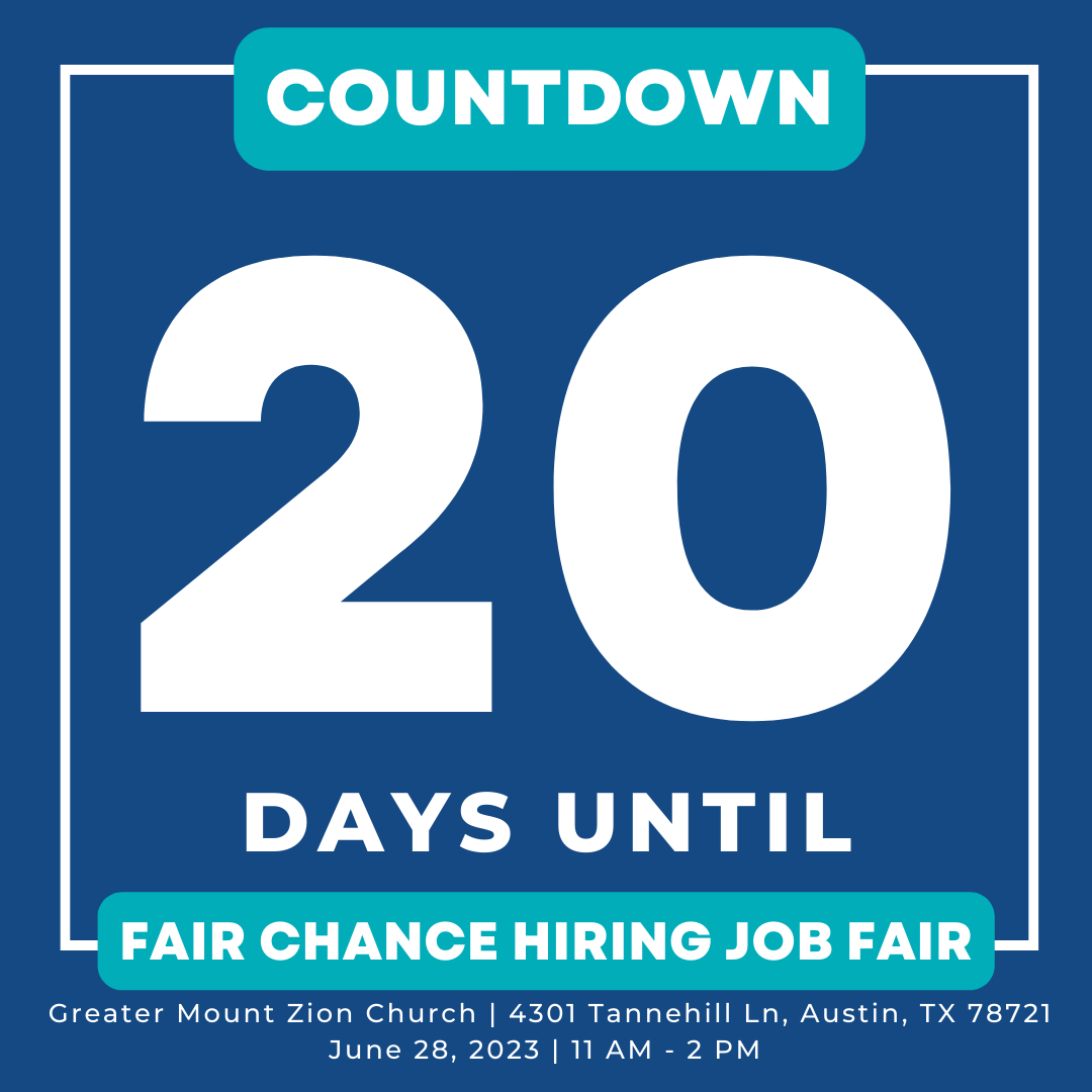 The countdown has officially begun! We are 20 days away from the Fair Chance Hiring Job Fair! 
Join us at the Greater Mount Zion Church on June 28th from 11 a.m. to 2 p.m. Register Today: austintexas.gov/jobfairs #FairChanceHiring #AustinJobs