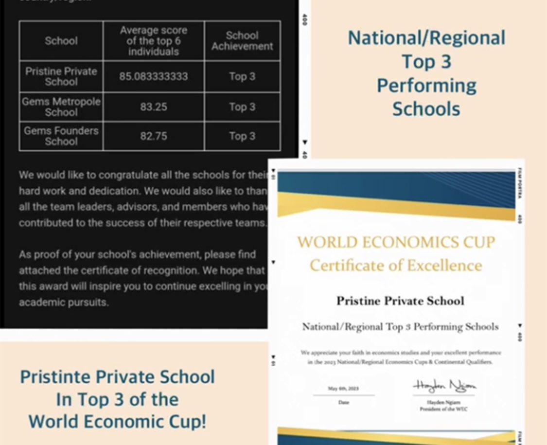 Exciting News! Pristine Private School is among the top 3 in the region at the World Economics Cup!🥉🌍 Congratulations to our #PristineSecondary students for the outstanding performance & teachers for nurturing their competence to an exceptional level. 🎉🏆#OnwardandUpward