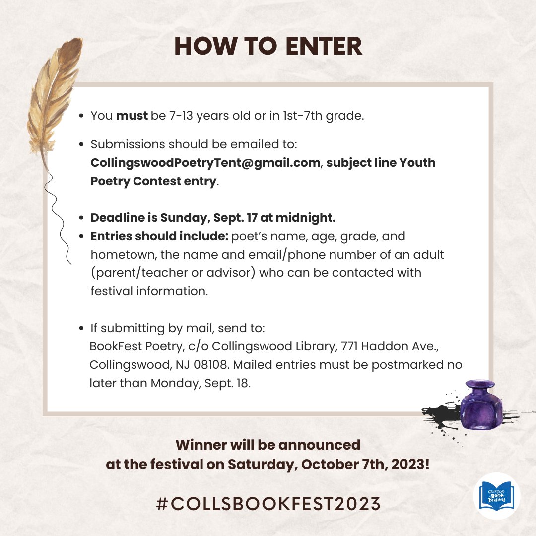 Calling all Youth #poets! Submissions are now open for the 15th Annual Walt Howat Poetry Competition. For more details, see the images below.
#collsbookfest2023 #poetrytwitter