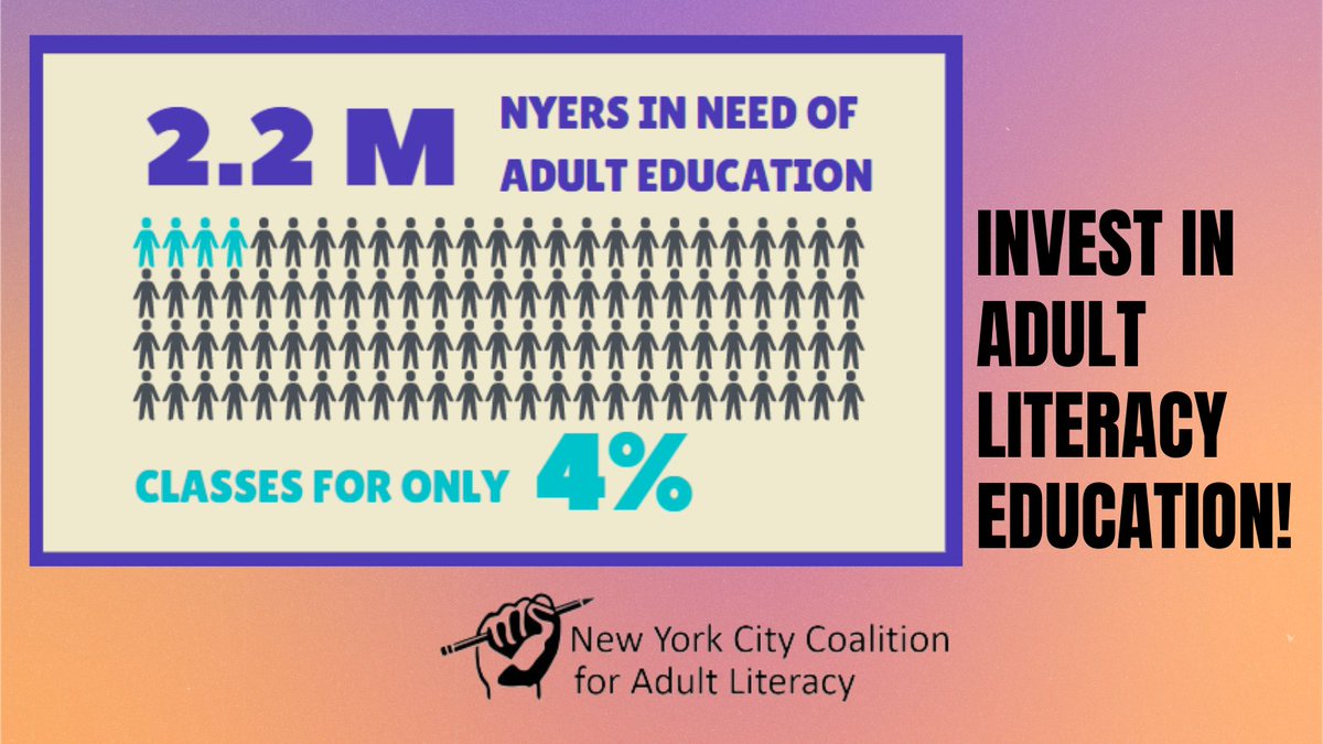 Stand up ☝🏻 @NYCMayor, @NYCSpeakerAdams, @JustinBrannan for adult literacy and education! Boost the rate per student to $2700. Investing in adult learners fuels NYC's economy and communities. No cuts ✂✂ to #AdultEdu in FY24! #LiteracyLiftsNYC @nyccal