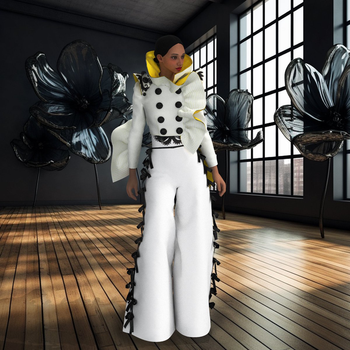 3DCSTUDIOx's tweet image. Diseño para Rookies Awards 2023. @TheRookiesCO
Pantalon ancho con lacitos en los costados y chaqueta corta con bordados y volantes. 🤍
Diseñado en #clo3d, fondos diseñados con #midjourney
#moda3d #Diseñodemoda3D #3dworld #3dmoda #3dstyle #3dart #3dfashion #3dartist #fashiondesign