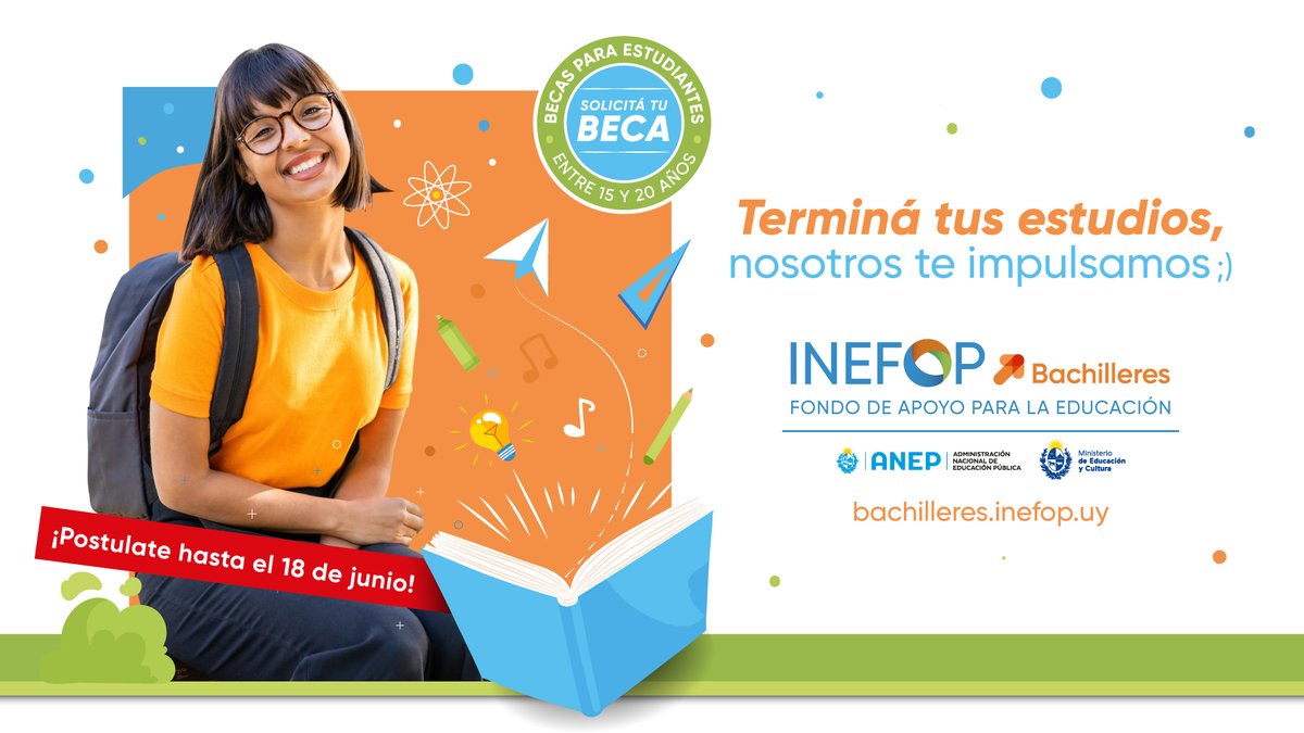 INEFOPoficial's tweet photo. ¡Terminá tus estudios, nosotros te impulsamos 😉! Becas para culminar la Enseñanza Media Superior.       

Más información: https://t.co/l009yZCS4r 

#INEFOP @ANEP_Uruguay @MEC_Uruguay @MTSSuy https://t.co/md4gxeNhdn
