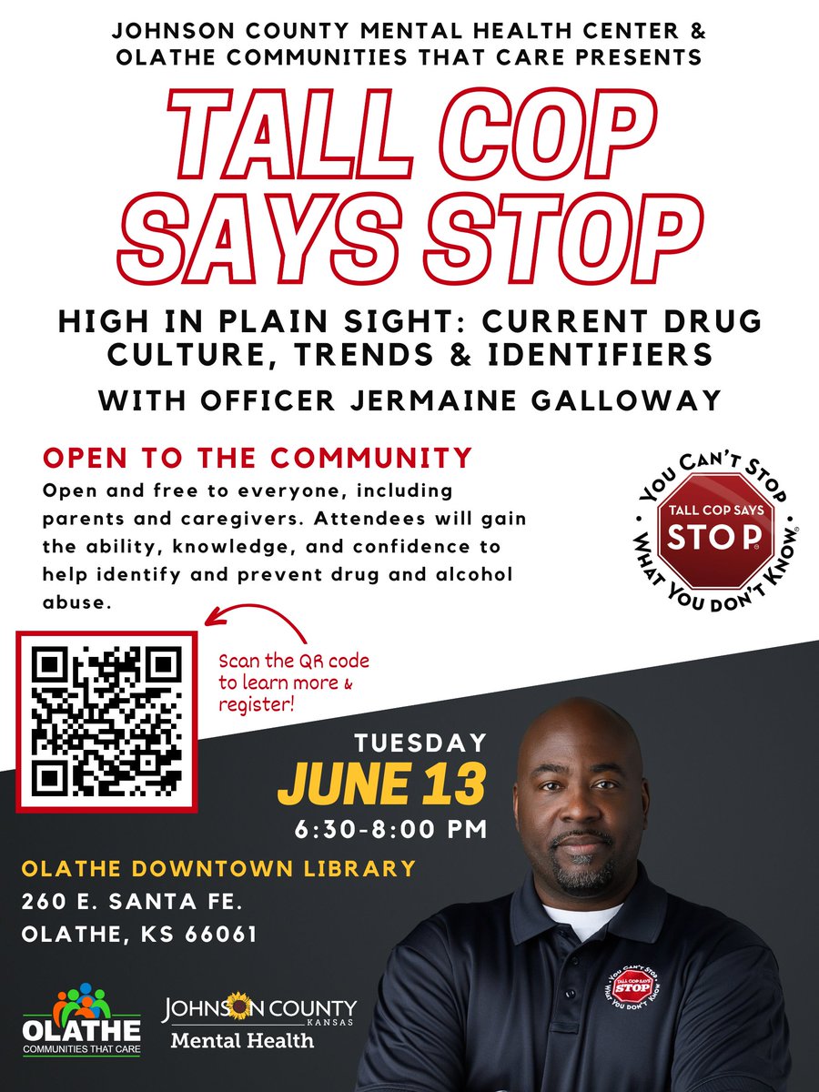 Join us at Tall Cop Says Stop on June 13th at 6:30 PM at the Olathe Downtown Library.
"You can't stop what you don't know," Tall Cop Jermaine Galloway provides the tools, resources and training to combat substance abuse.