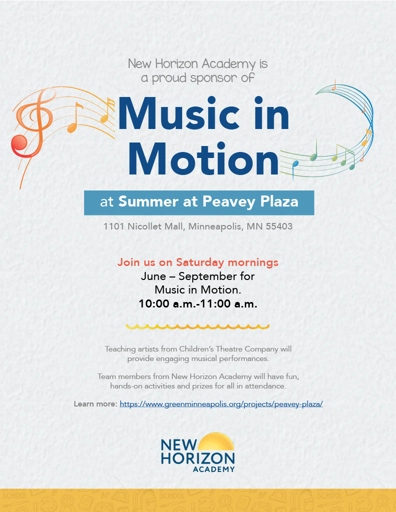 Join us every Saturday this summer for Music in Motion at Peavey Plaza! This FREE event will feature music and movement led by Children's Theatre Company teachers, plus games, activities, giveaways, and fun!

Visit greenminneapolis.org for more information. See you there! 🎵