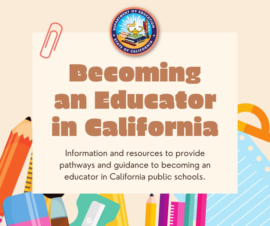 Calling all aspiring educators! 📢❗🍎

There is a $20,000 scholarship and support programs for anyone who wants to #TeachInCA and a one-stop hub for more information on how to navigate the process of becoming a teacher: Call 916-322-3051 or email TeachInCA@cde.ca.gov.