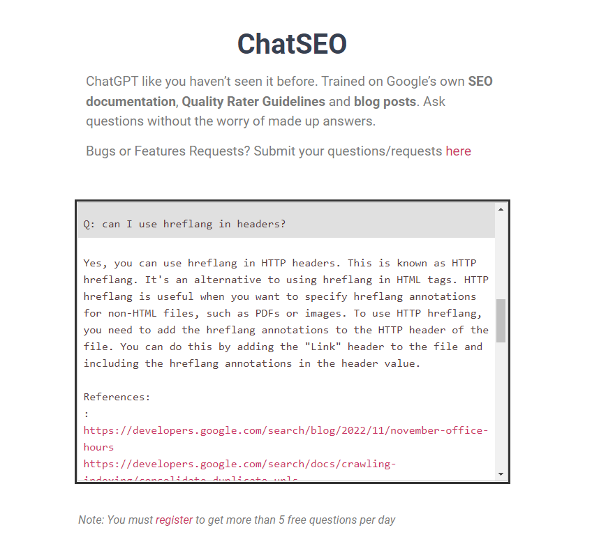 Glenn Gabe (@glenngabe) on Twitter photo Cool project from <a href="/Craig_Casazza/">Craig Casazza</a>. He created an AI chat application trained on Google's documentation, the Quality Rater Guidelines, & blog posts. Just ask your questions, receive responses based on the docs, & links to posts where answers were sourced: chatseo.app Cool project from <a href="/Craig_Casazza/">Craig Casazza</a>. He created an AI chat application trained on Google's documentation, the Quality Rater Guidelines, & blog posts. Just ask your questions, receive responses based on the docs, & links to posts where answers were sourced: chatseo.app