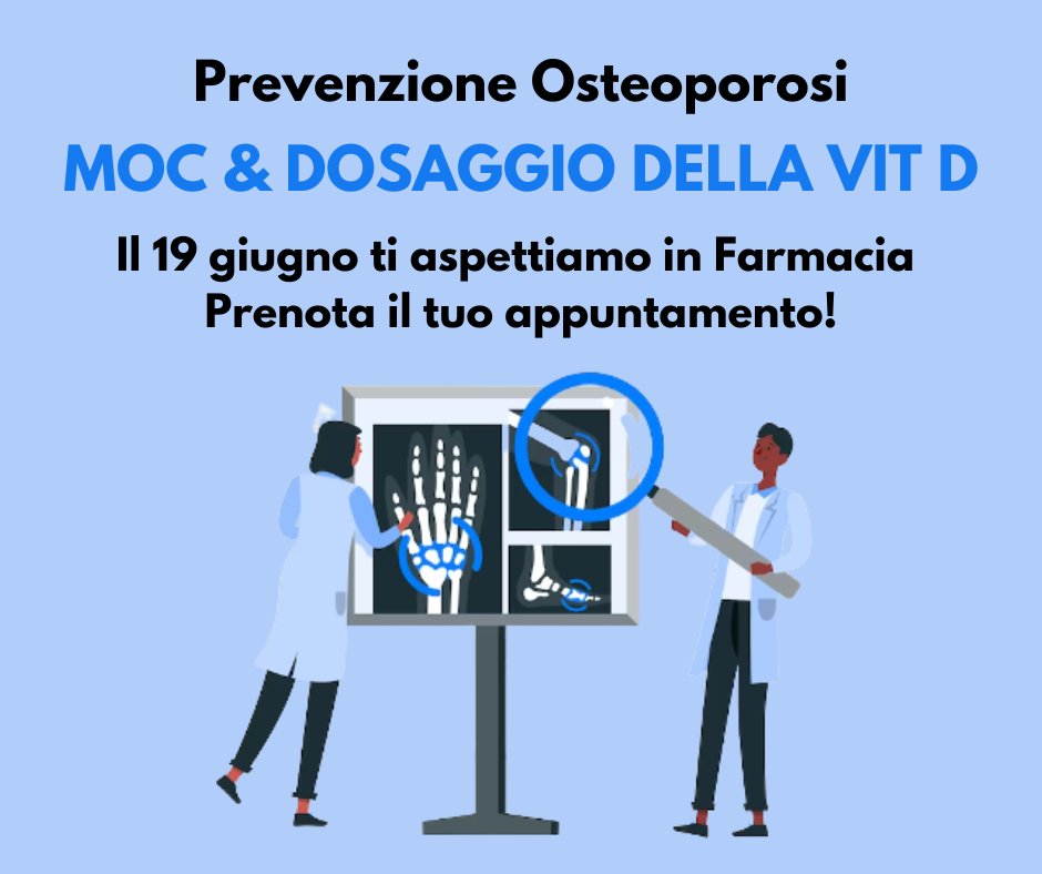 Scopri lo stato di salute delle tue ossa con un semplice test 👩‍⚕️🦴
Ti aspettiamo il 19 giugno in Farmacia ✨
Prenota il tuo appuntamento allo 0362623641