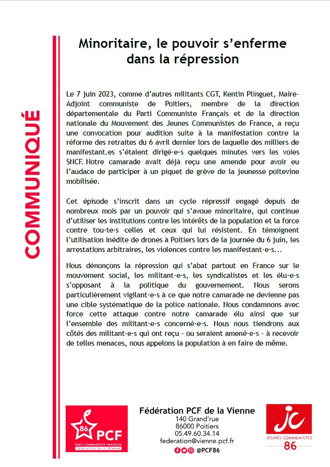 🔴 REPRESSION DU MOUVEMENT SOCIAL 🔴
Kentin Plinguet, maire-adjoint communiste de Poitiers, a été convoqué au commissariat suite à la manifestation du 6 avril dernier, ainsi que deux camarades de la CGT !

👉 viennedemocratique.fr/pcf86-mjcf86-m…