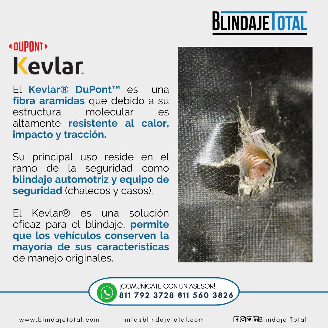 El Kevlar®️ es extremadamente resistente, liviano y duradero. Proporciona el equilibrio perfecto entre forma y función, lo cual le permite redefinir el concepto de rendimiento, seguridad y protección. 

FB/TW/IG/IN ➡️ Blindaje Total

#blindajeautomotriz #bt #unidadblindada