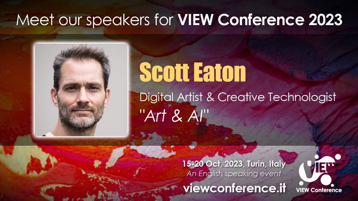 @ViewConference announces that @_ScottEaton_ is a confirmed speaker attending in person. Meet your heroes! #viewconference2023 “The Future We Want” 15-20 Oct, Turin, Italy Sign up: viewconference.it/pages/registra… #viewconference #ScottEaton #aiandart #generativeAI #art #ai #film