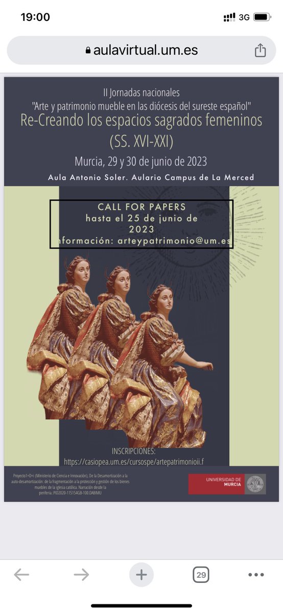 El 29 y 30 de junio estaremos “Re-Creando los espacios sagrados femeninos” en <a href="/HistoriaArteUMU/">Departamento de Hª del Arte Universidad de Murcia</a> de @LetrasUM de <a href="/UMU/">Universidad Murcia</a>.

¡¡Os lo vais a perder!!

Call for papers e info 👉🏻arteypatrimonio@um.es

Todavía estáis a tiempo 👍🏼

Proyecto DABIMU