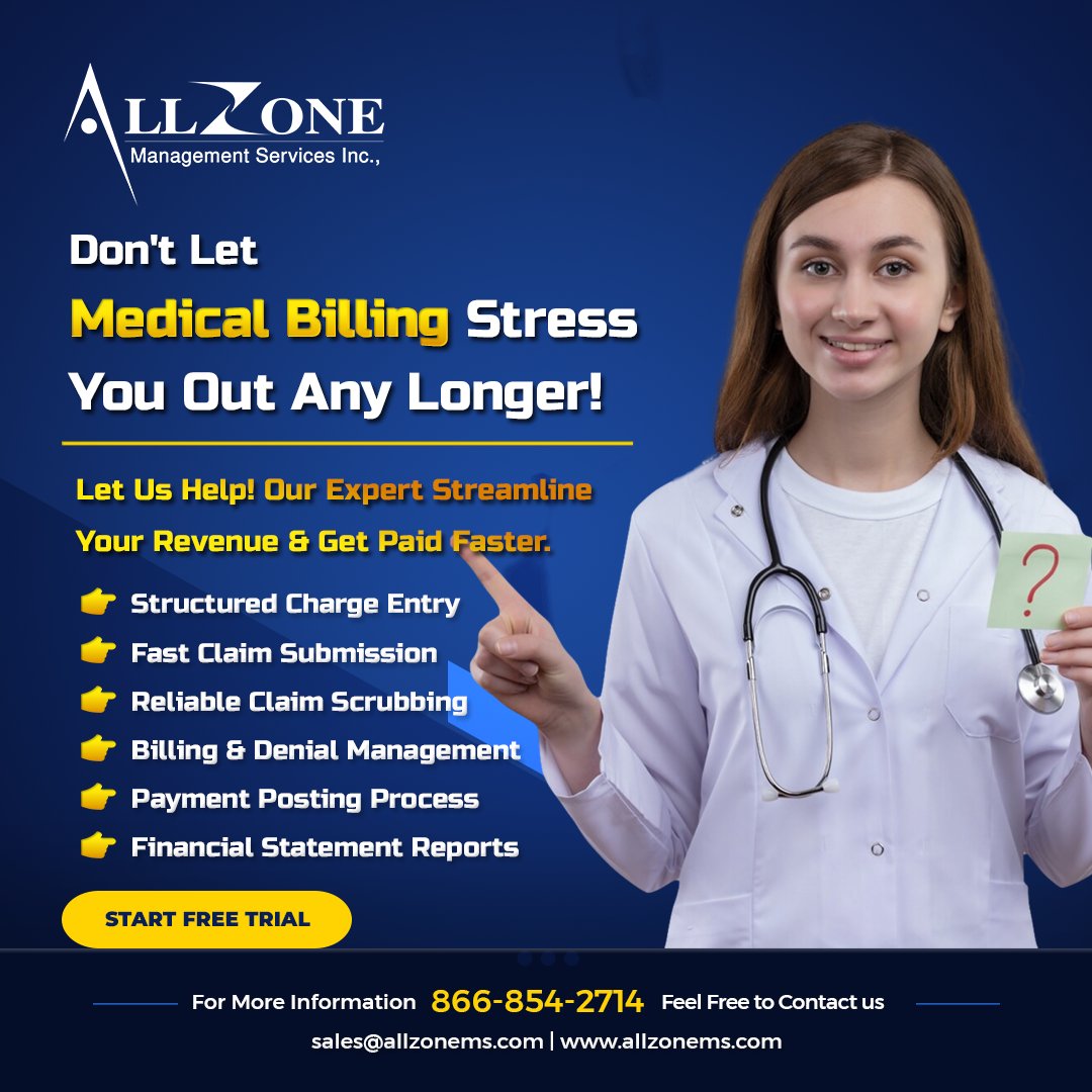 Allzone_Online's tweet photo. Don't let #medicalbilling stress you out any longer! Let us help! Our #BillingExpert Streamlines your revenue & helps you to get paid faster.
For pricing offer: https://t.co/jtLJI9JkVp
#MedicalBillingServices #PaymentPosting #Allzonems #physician #healthcareproviders #hospital https://t.co/QatgDpD1Gu