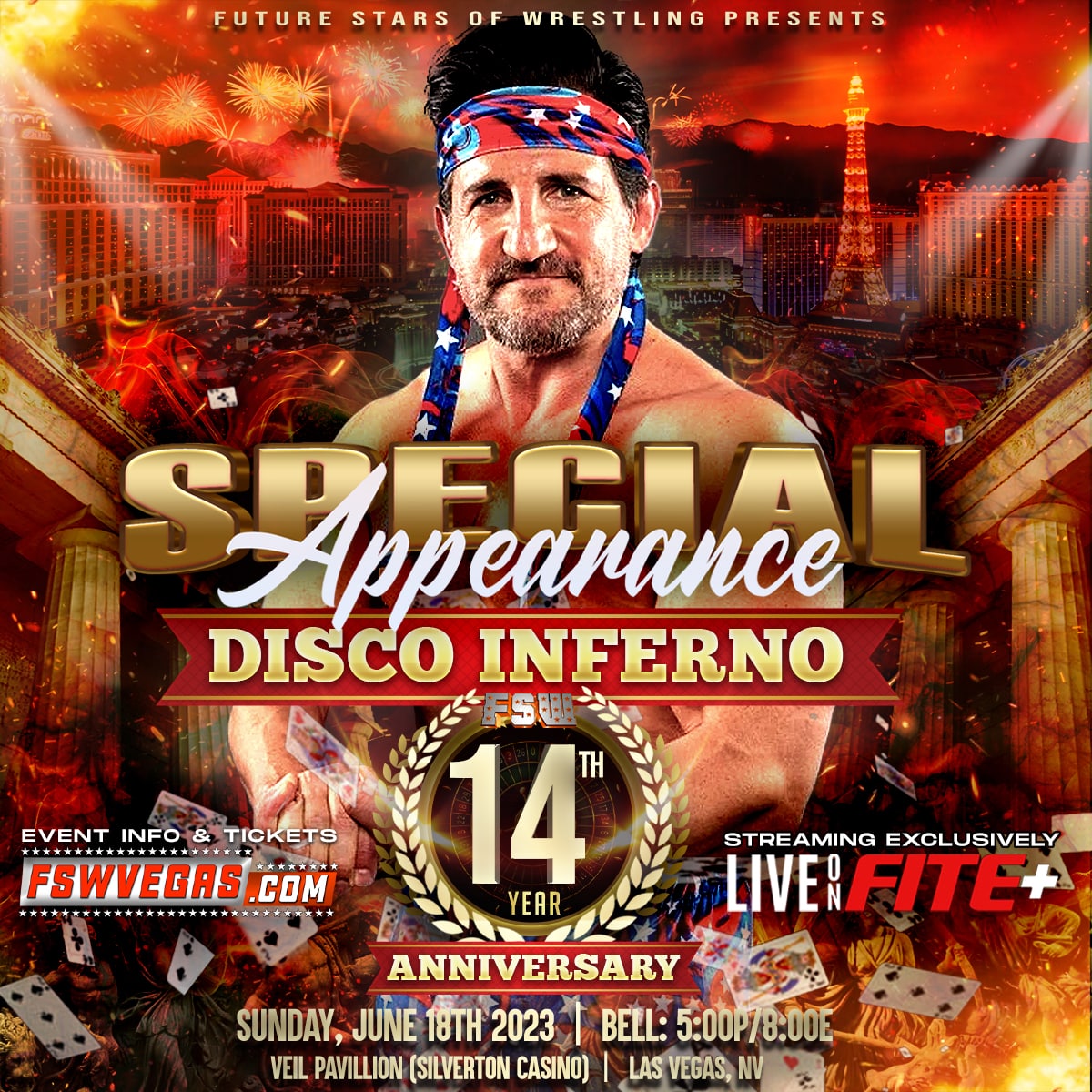 FSWVegas's tweet image. #FSW14 Update 

Featuring a special appearance by @TheRealDisco! 

FSW 14th Anniversary on Sunday June 18 at 5p/8e streaming LIVE from #LasVegas on @FiteTV+! 

Tickets: tinyurl.com/FSW14tix

Watch LIVE on FITE+!
fite.tv/join/fite-plus/