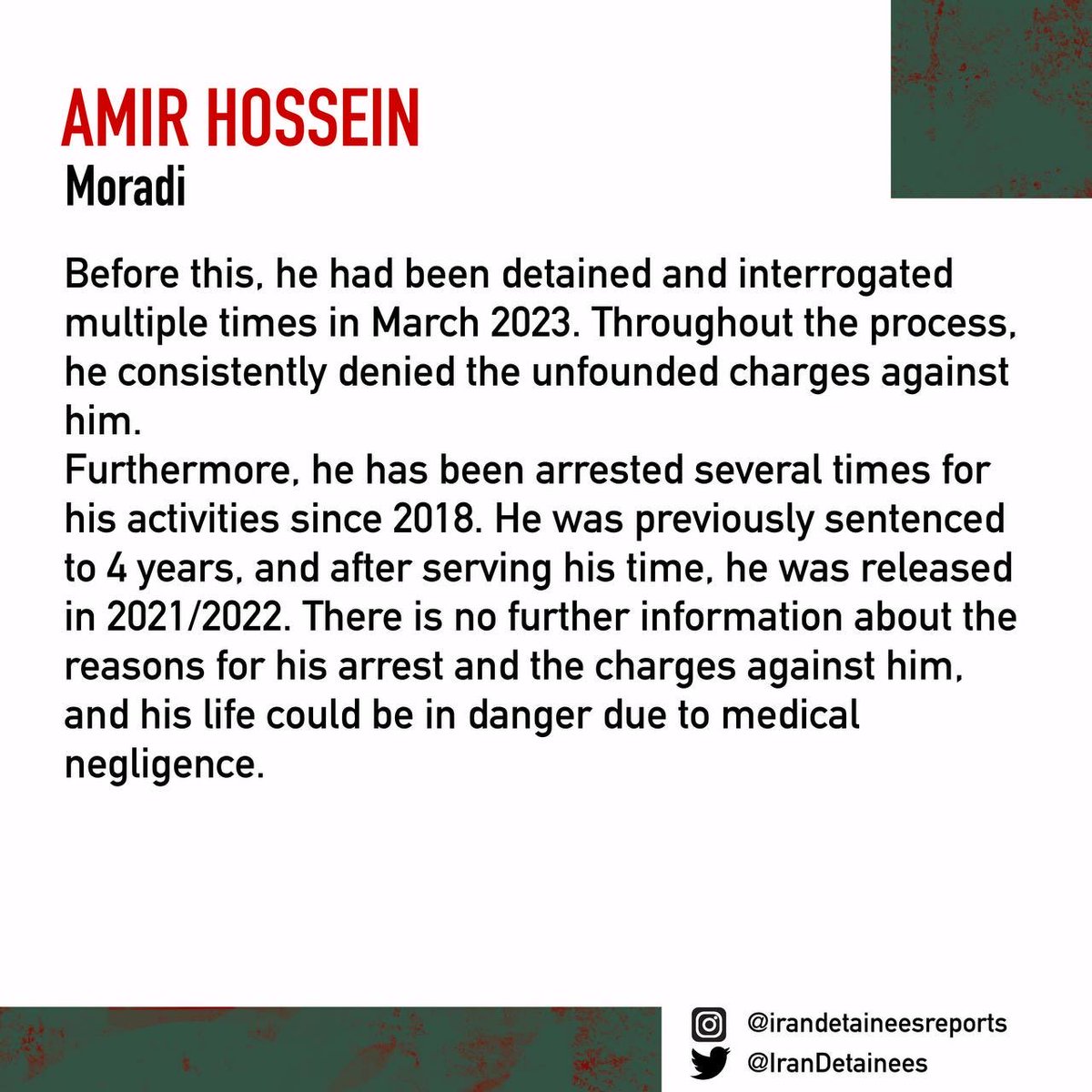 #AmirHosseinMoradi, 23, was violently rearrested by the IRGC in May 2023 at his parent's residence. He went on a hunger strike on May 10, 2023, to protest the horrendous detention conditions. Despite needing urgent medical care, the prison authorities refused to transfer him to…