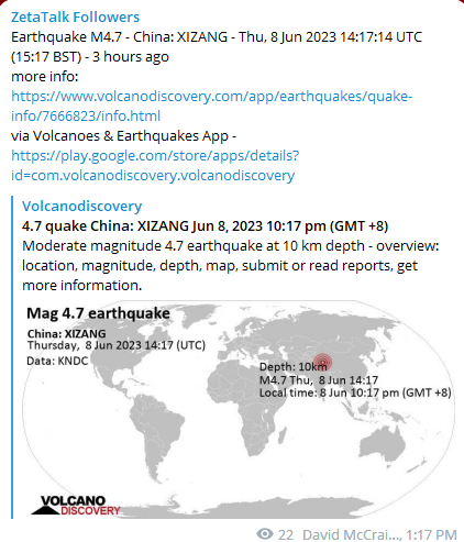 CHINA WATCH!!  CHINA IS IN A STRETCH ZONE AND THESE QUAKES WILL TRIGGER THE ZETATALK PREDICTED COLLAPSE OF THE 3 GORGES DAM!

t.me/ZetaTalk_Follo…