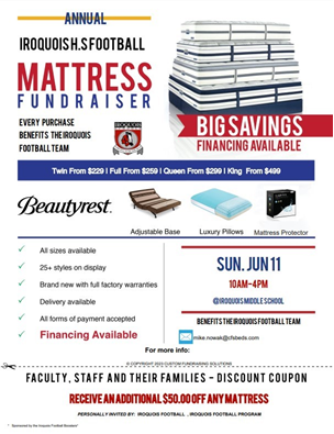 Are you in need of a mattress? Come support the Chiefs this weekend! June 11th our Middle School Gym will be turned into a showroom! If you know someone that is interested, please share this flier! Not only will you save significantly but you will help some great student athletes