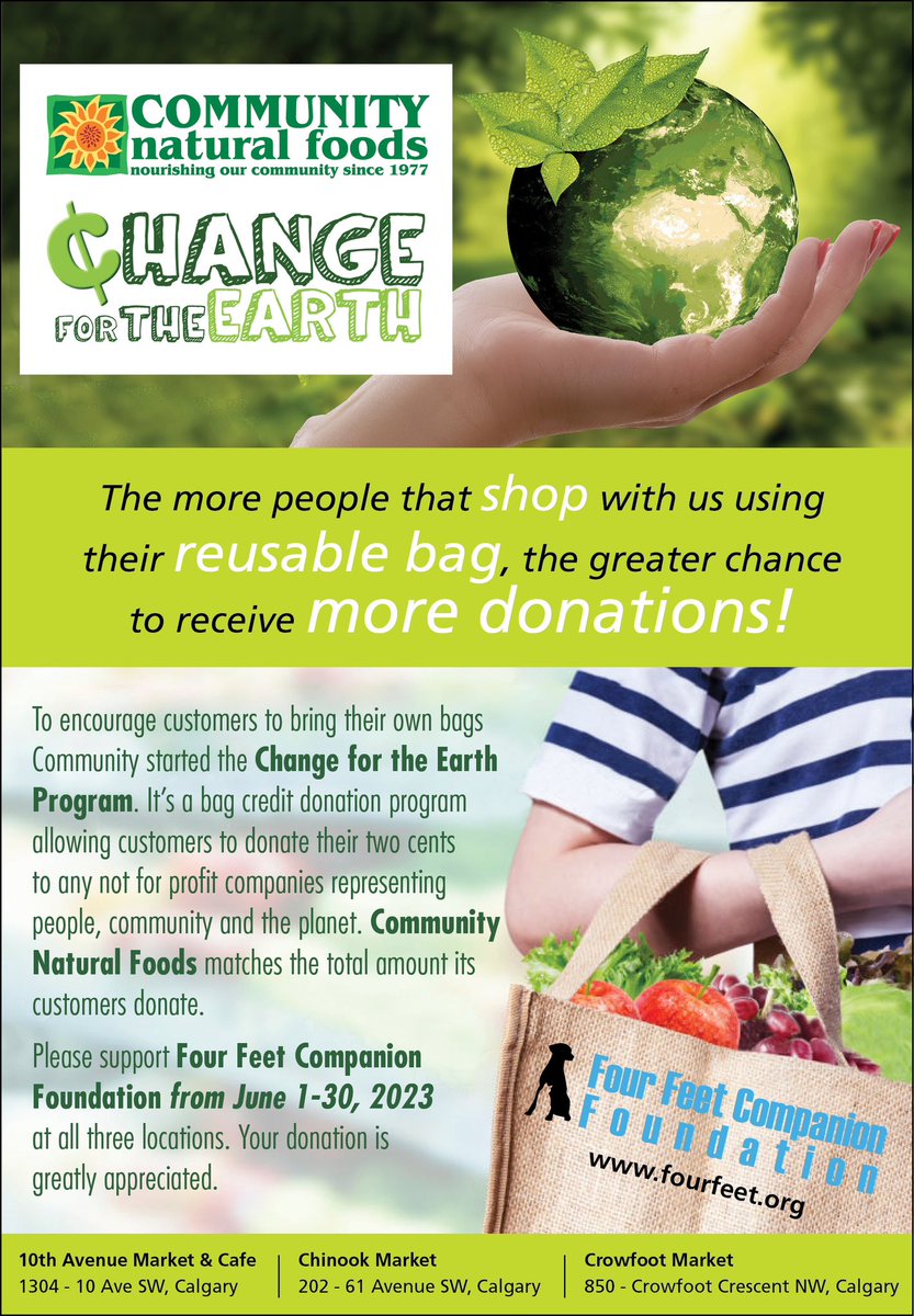 Did you know that you can support Four Feet Companion Foundation by shopping at <a href="/mycnf/">Community Natural Foods</a> during the month of June? 

#changetheearthprogram #yyc #yycpets #yycdogs #yyccharity #fourfeetcompanionfoundation #communitynaturalfoods