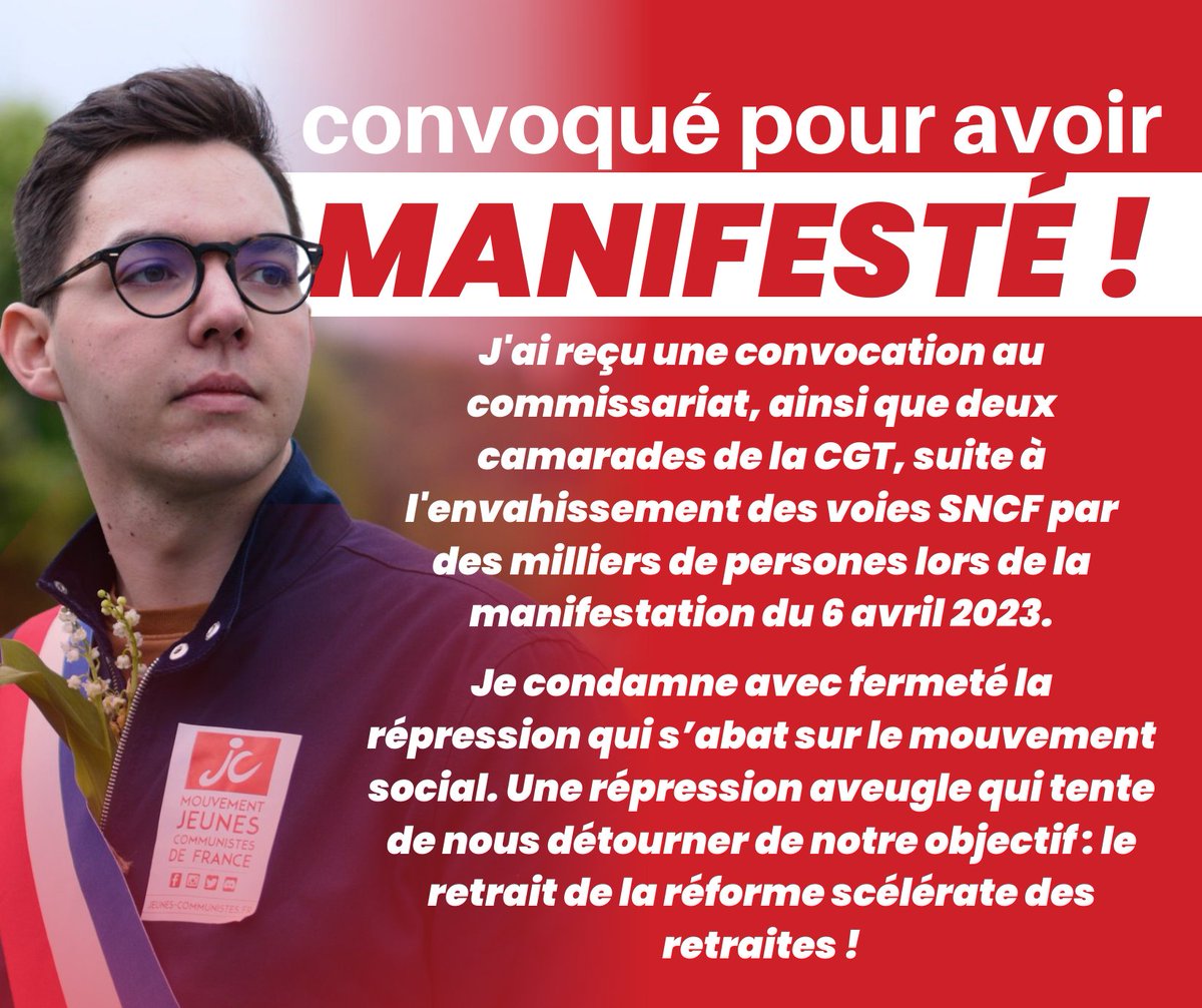 KentinPL's tweet photo. 🔴 J'ai reçu une convocation, ainsi que deux camarades de la CGT, suite à la manifestation du 6 avril 2023.
Je condamne avec fermeté la répression qui s’abat sur le mouvement social. Une répression aveugle qui tente de nous détourner de notre objectif : le retrait de la réforme ! https://t.co/TvFL8mYmHN