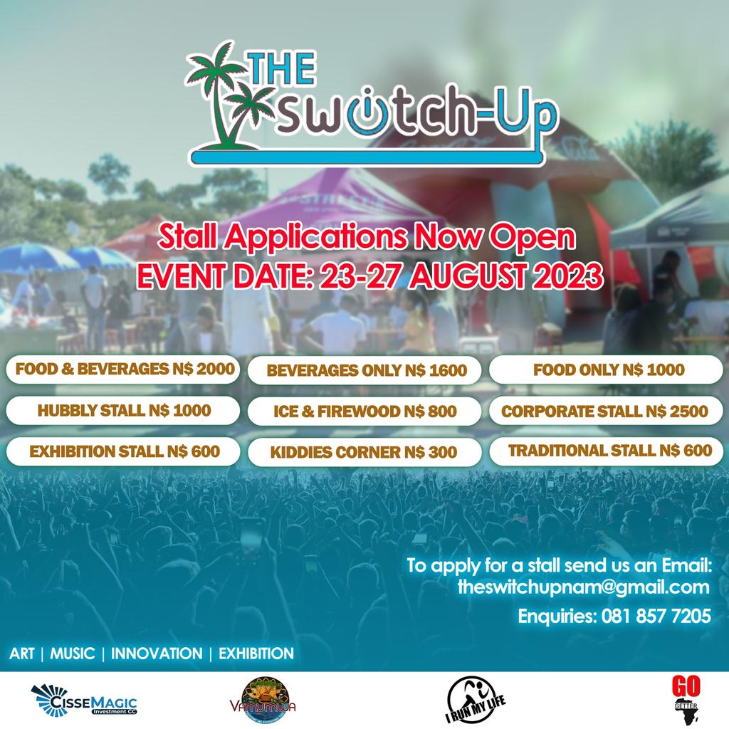 TheSwitchUpNam's tweet photo. Our Stall Applications are officially open. E-mail us for the form on theswitchupnam@gmail.com  and attach your N$ 50.00 application fee.

#TheSwitchUpNam
#CisseMagic
#VamumwaPark https://t.co/yxy21VcFmX