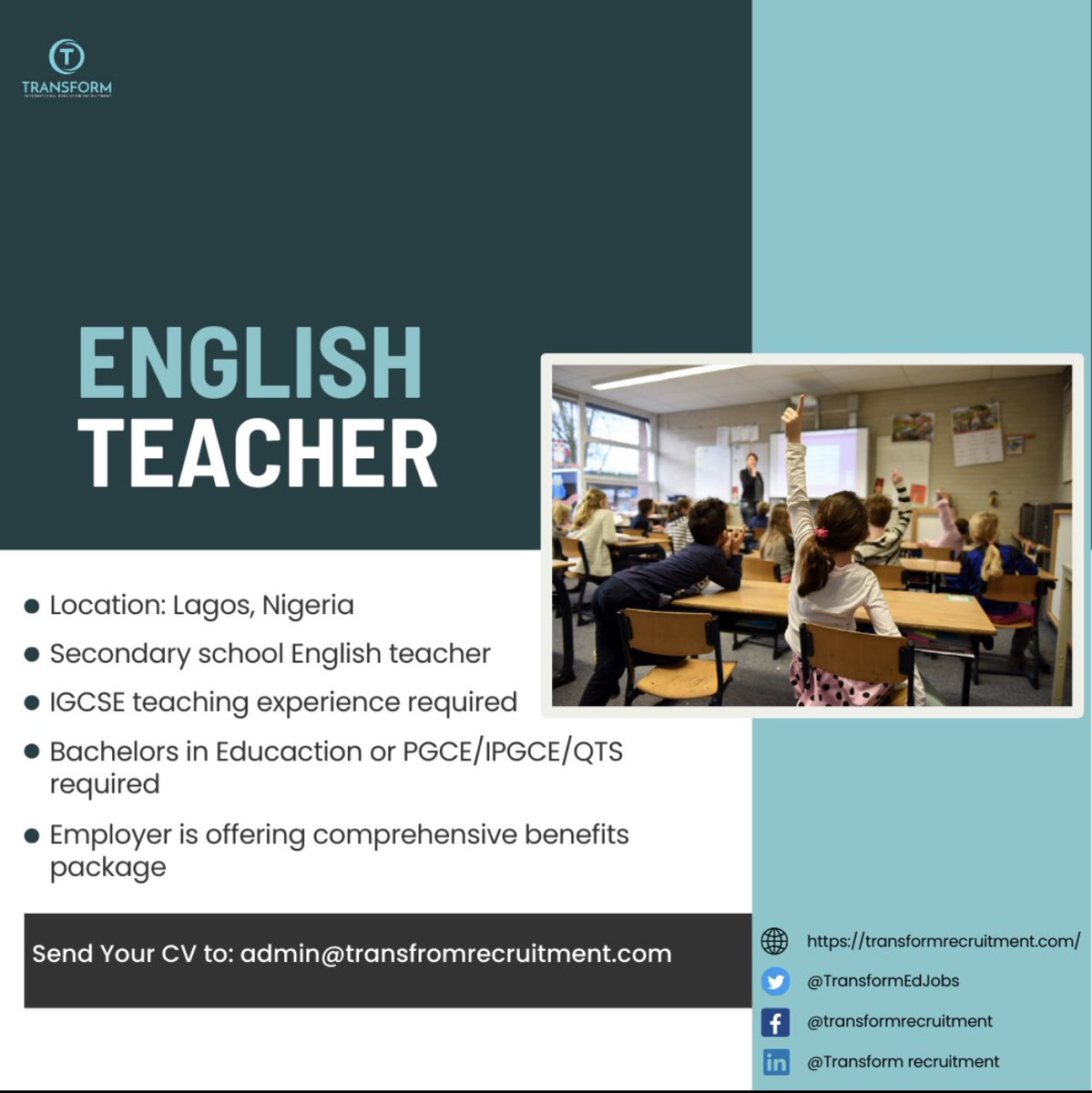 Teaching vacancy in Lagos, Nigeria!
Interested? Email your CV to admin@transformrecruitment.com
#teacher #teachingabroad #teachingjobs