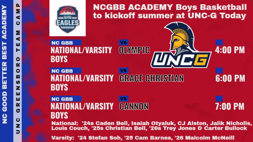 NC GBB Boys at UNC-G Team Camp TODAY!

4p Olympic 
6p Grace Christian 
7p Cannon

National: ‘24s Caden Bell, Isaiah Otyaluk, CJ Alston, Jalik Nicholls, Louis Couch ‘25 Christian Bell ‘26s Trey Jones &amp; Carter Bullock

Varsity: ‘24 Stefan Soh ‘25 Cam Barnes ‘26 Malcolm McNeill